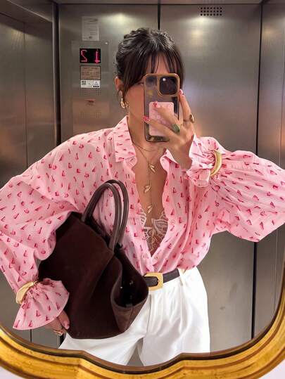 Women Pink Sailboat Print Button Down Shirt, Collared Long Flare Cuff Sleeve Loose Oversized Casual Vacation Blouse