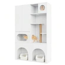 Cat Litter Box Cabinet, Pet Cabinet, Pet Storage Unit, Cat Tree, For 2 Litter Boxes, With Scratching Post And Resting Area, For Cats And Dogs, White, 140 X 45 X 195 Cm - one-size - View 7