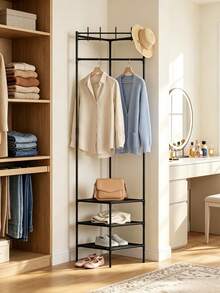 Multifunctional Floor Clothes Storage Rack With Three Non-Woven Fabric Storage Layers And Multiple Top Hooks, Set Includes 3 Wooden Hangers, Easy To Assemble And Disassemble For Storing Clothes And Bags, Suitable For Home Entryway And Bedroom. - Multicolor - View 2