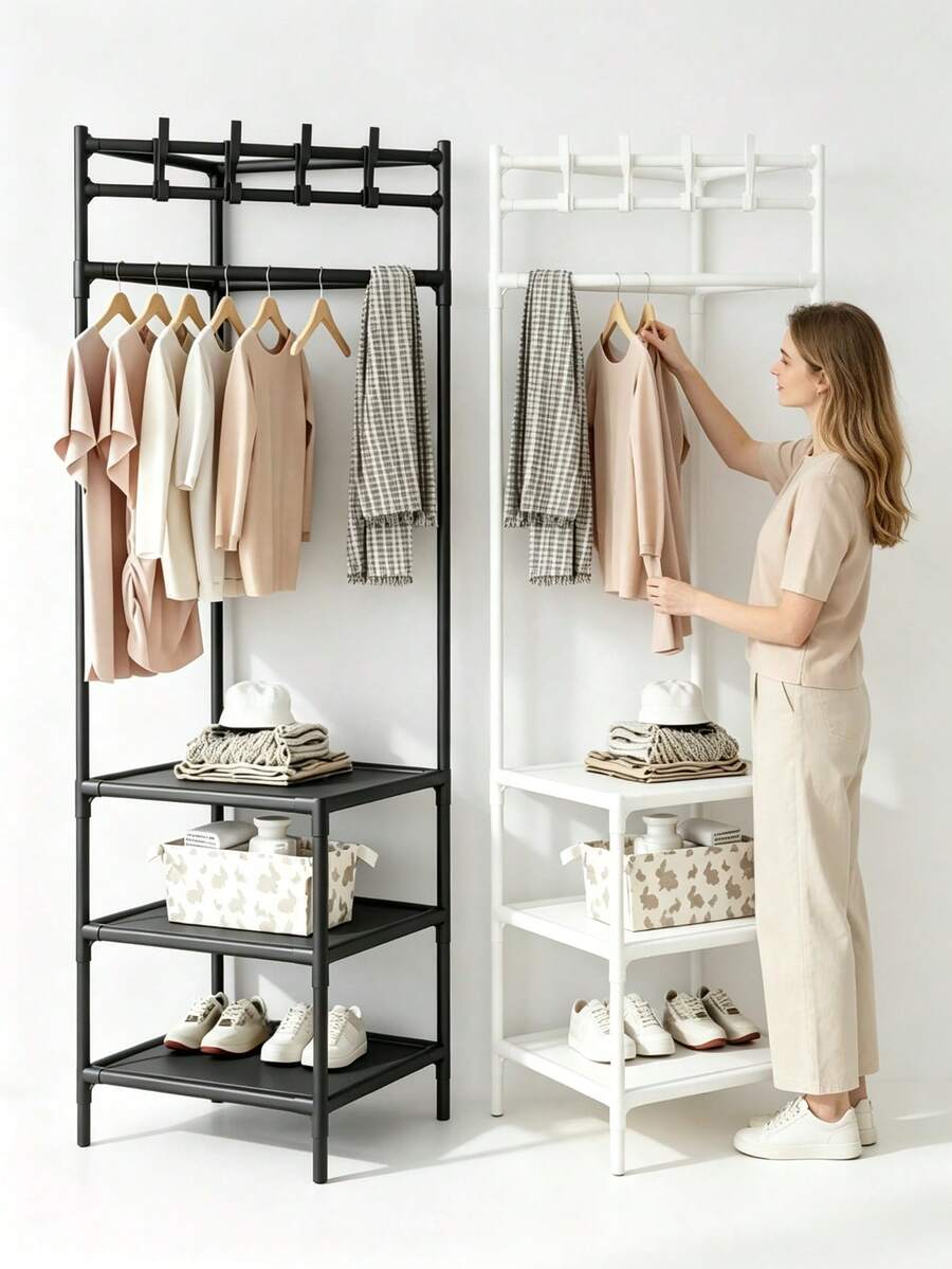 Multifunctional Floor Clothes Storage Rack With Three Non-Woven Fabric Storage Layers And Multiple Top Hooks, Set Includes 3 Wooden Hangers, Easy To Assemble And Disassemble For Storing Clothes And Bags, Suitable For Home Entryway And Bedroom. - Multicolor - View 1