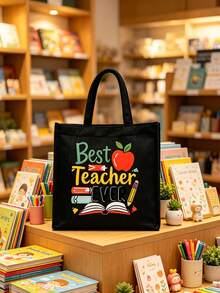 Teacher Theme Black Linen Tote Bag Set, Includes Large Tote Bag + Small Coin Purse, Printed With Best Teacher Ever Apple Design, Large Capacity Durable Canvas Material, Perfect Gift For Teacher's Day, Suitable For Students To Purchase And Give To Teachers, Daily Commute, Lesson Planning, Book And Stationery Storage - Multicolor - View 2