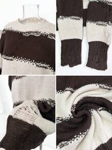 Autumn/Winter New Slouchy Color Block Striped Pullover Mid-Length Sweater Loose Round Neck Knit Top Fall - Brown - View 10