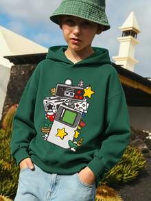 Vintage Game Casual Boys Sweatshirt, Retro Handheld Game Console Cartoon Print Soft Autumn/Winter Campus Sweatshirt - Green - View 1