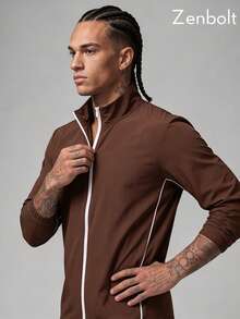 Zenbolt Minimalist Full Zip Stand Collar Top, Contrast Striped Edge, Side Hand Pockets, Light Smooth Material For Daily Matching - Brown - View 3