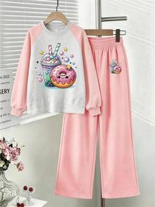 2pcs Set Suitable For Young Girl And Girls, Round Neck Sweatshirt And Wide Leg Pants Outfit, Printed With Cartoon Pearl Milk Tea And Donut Pattern Round Neck Sweatshirt + Wide Leg Pants Matching Set, Suitable For Autumn/Winter Daily Wear, Campus Style, Homecoming Outfit - Multicolor - View 2