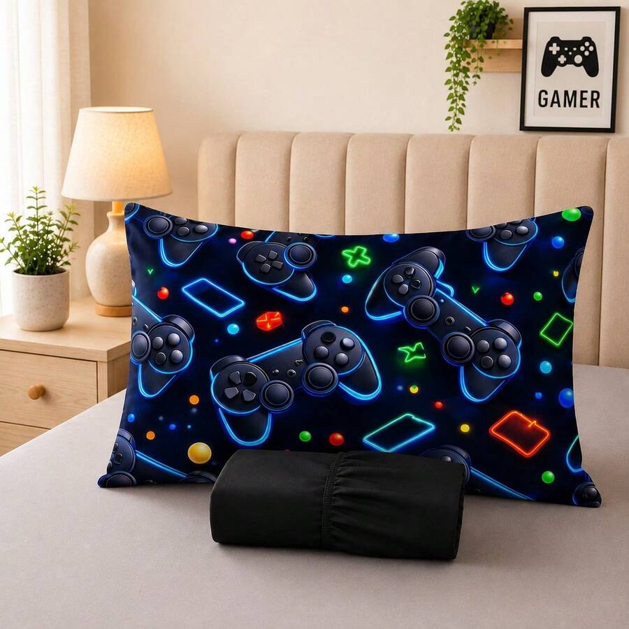 Children's Single Bed Sheet Set, Micropercal, 2 Pieces, Children's Bedding Set With Exclusive Printed Pillowcase - GAME - View 1