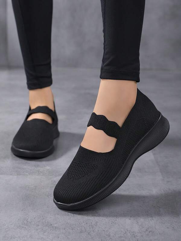 Pure Black Hollow Knit Mary Jane Casual Shoes, Wavy Elastic Strap Soft Sole Women's Commuting Walking Shoes