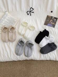 5 Pairs Women's Boat Socks, Fashionable White & Black Ruffle Trim Socks, All-Season Popular Short Socks, Soft Breathable Non-Constricting Back-To-School Essential Student Socks, Autumn Outdoor White Socks, Versatile For Travel (Random Color) - Multicolor - View 5