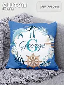 1pc Customizable Personalized Text Print Double-Sided Pillow Case, Suitable For Holiday Gifts, DIY Pattern Pillow Case, For Family, Friends And Yourself - Blue - View 1