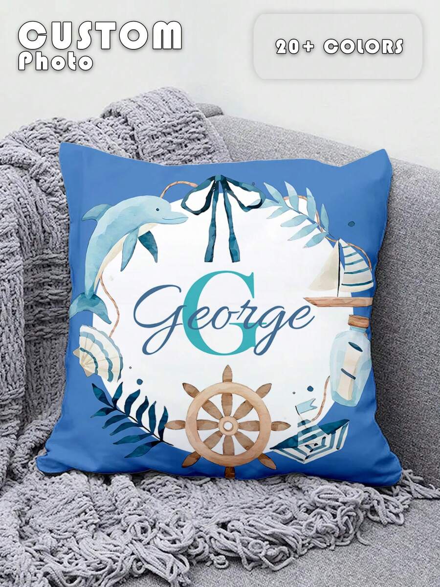 1pc Customizable Personalized Text Print Double-Sided Pillow Case, Suitable For Holiday Gifts, DIY Pattern Pillow Case, For Family, Friends And Yourself - Blue - View 1