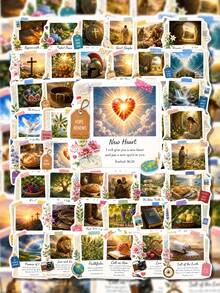 50Pcs Scripture Quotes PP Stickers, Vintage Collage Illustrations Of Countryside Scenery, Fruits, Crosses, Armors And Angels With Comforting English Sentences, For Journal Collage, Kuka Card, Water Bottle, Luggage, Retro Literary DIY Decor - 7*6*1 - View 3