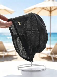 1pc Linen Bucket Hat With Mini Metal Label, Hollow Breathable Solid Color Headwear, Summer Beach Travel Outdoor Walking Daily Wear Accessory - Multicolor - View 3