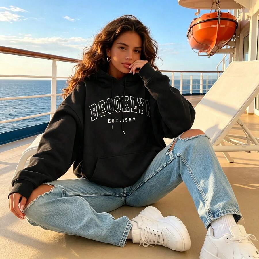 Letter-Printed Drawstring Hoodie,With Thermal Lining,Suitable For Graduation Season,Back-To-School Season,Teacher's Day,Women's Style,Back-To-S - 黑色 2 - 查看 1