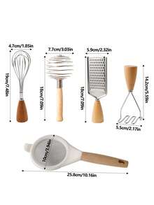 1pc Wooden Handle Baking Tool Set, Ball Whisk, Spring Dough Mixer, Cheese & Lemon Grater, Potato Masher, Handheld Flour Sifter, Home Cake & Bread Making Tools, Multi-Functional Kitchen Cooking & Mixing Utensils - Multicolor - View 2