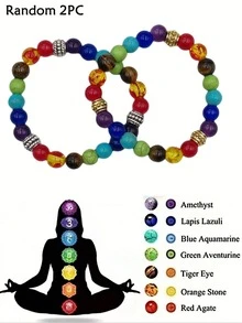 2pcs Chakra Healing Energy Bracelets, Yoga Balance Beads Bracelet With Volcanic Turquoise, Jewelry Gift Choice For Party Occasions - Multicolor - View 10