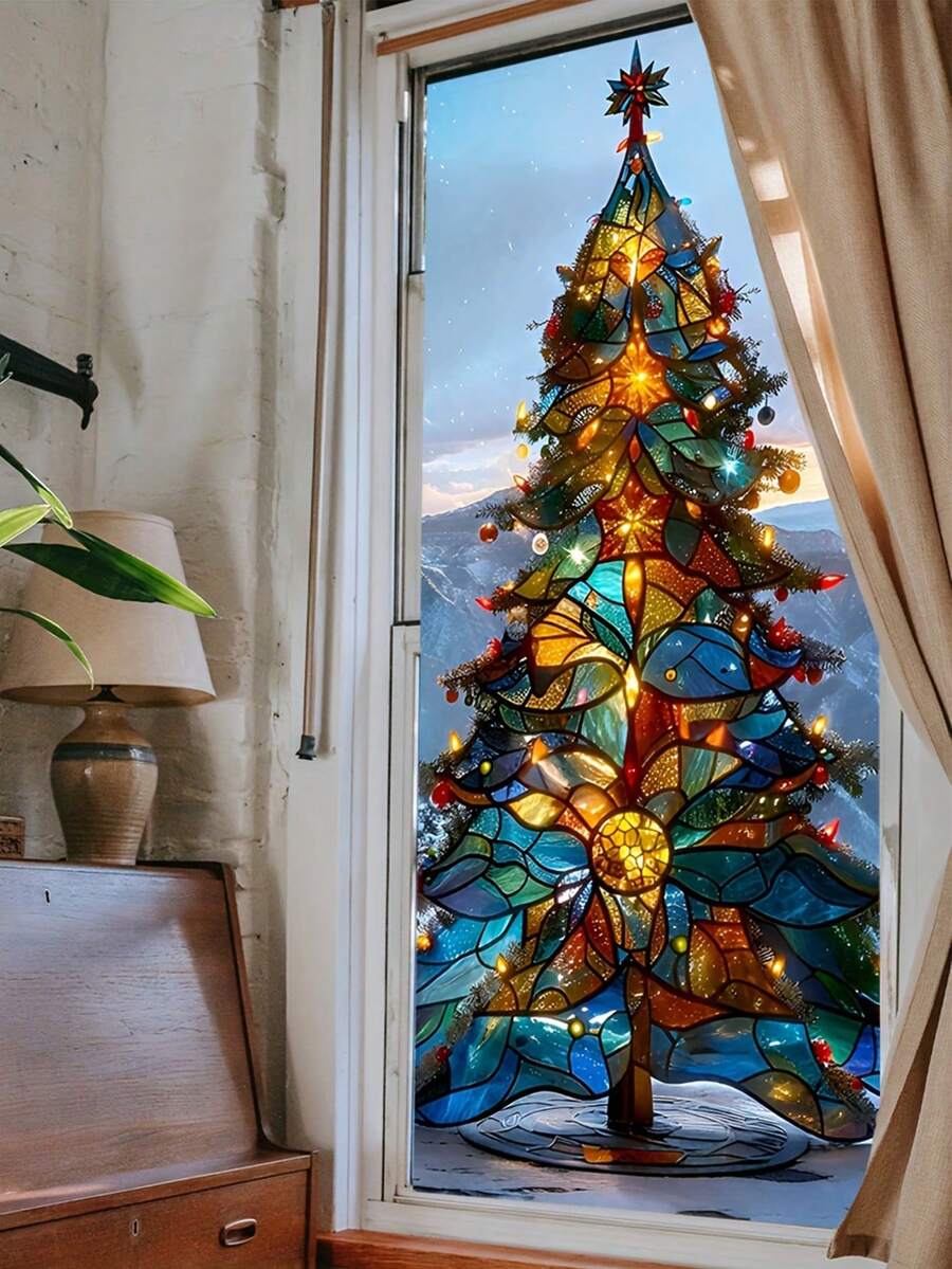1pc Large Double-Sided Christmas Tree Window Sticker, Suitable For Bedroom, Living Room Or Bathroom Window Decoration, Holiday Season Christmas Tree Glass Window Sticker Decor