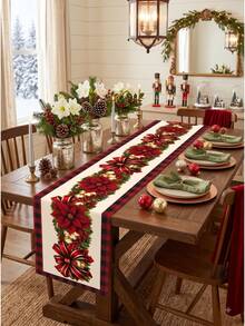 1pc Polyester Christmas Table Runner With Bow, Floral And Black & White Plaid Design, Christmas Tablecloth Table Cover, Christmas Party Dinner Table Decor, Home Christmas Decoration, Xmas Decor, Christmas Decor, Kitchen Decor, Dining Table Decor - Multicolor - View 7