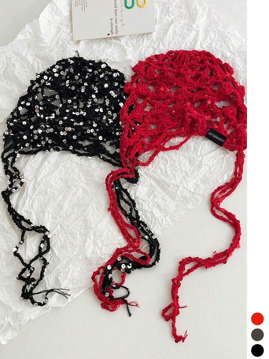 Gorro de Tricô com Lantejoulas, Gorro Vintage Britânico de Nicho com Estampa Floral para Mulheres, Gorro de Crochê Feito à Mão, Gorro de Tricô com Borlas Florais Estilo Boêmio Novo Hot Girl, Gorro Retrô Pullover, Gorro de Tricô Feito à Mão - Cordão de lantejoulas Black Label - Visão 1
