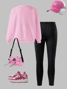 Young Girl Letter Print Crew Neck Long Sleeve Top And Leggings - Pink - View 2
