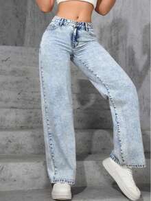 Calça Wide Leg Pantalona Marmorizada  Jeans Feminina Cintura Alta  Sem Laycra Levanta Bumbum PLUS Size Tam 36 ao 54 - Lavagem clara - Visão 3