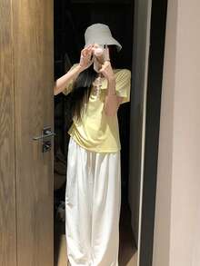 Women's Solid Color Drawstring Waist Casual Loose Wide Leg Pants - White - View 5