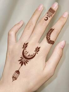 1 Sheet Waterproof Brown Henna Temporary Tattoo Stickers, Boho Crescent Moon Lantern Fake Hand Finger Tattoos, Long Lasting Decor For Women Festival Beach,Formulated Without Henna - Brown - View 2