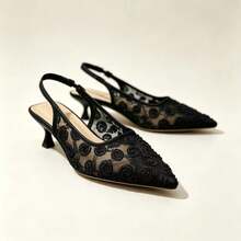 Sepatu hak tinggi model slingback ujung runcing hitam terbaru untuk wanita, dengan hak kitten jala dan tali pergelangan kaki, Musim Semi/Musim Gugur. - Hitam - View 3
