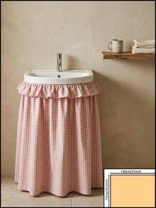 1pc Khaki Plaid Washbasin Skirt, Bright And Lively Style, Fabric With Washed Texture, Round Shape With Top And Bottom Ruffle Hem, Pleated Details, Concealing Washbasin Storage And Decorative Function, Suitable For Bathroom Daily Arrangement And Warm Tone Home Decor Scenes - Khaki - View 10