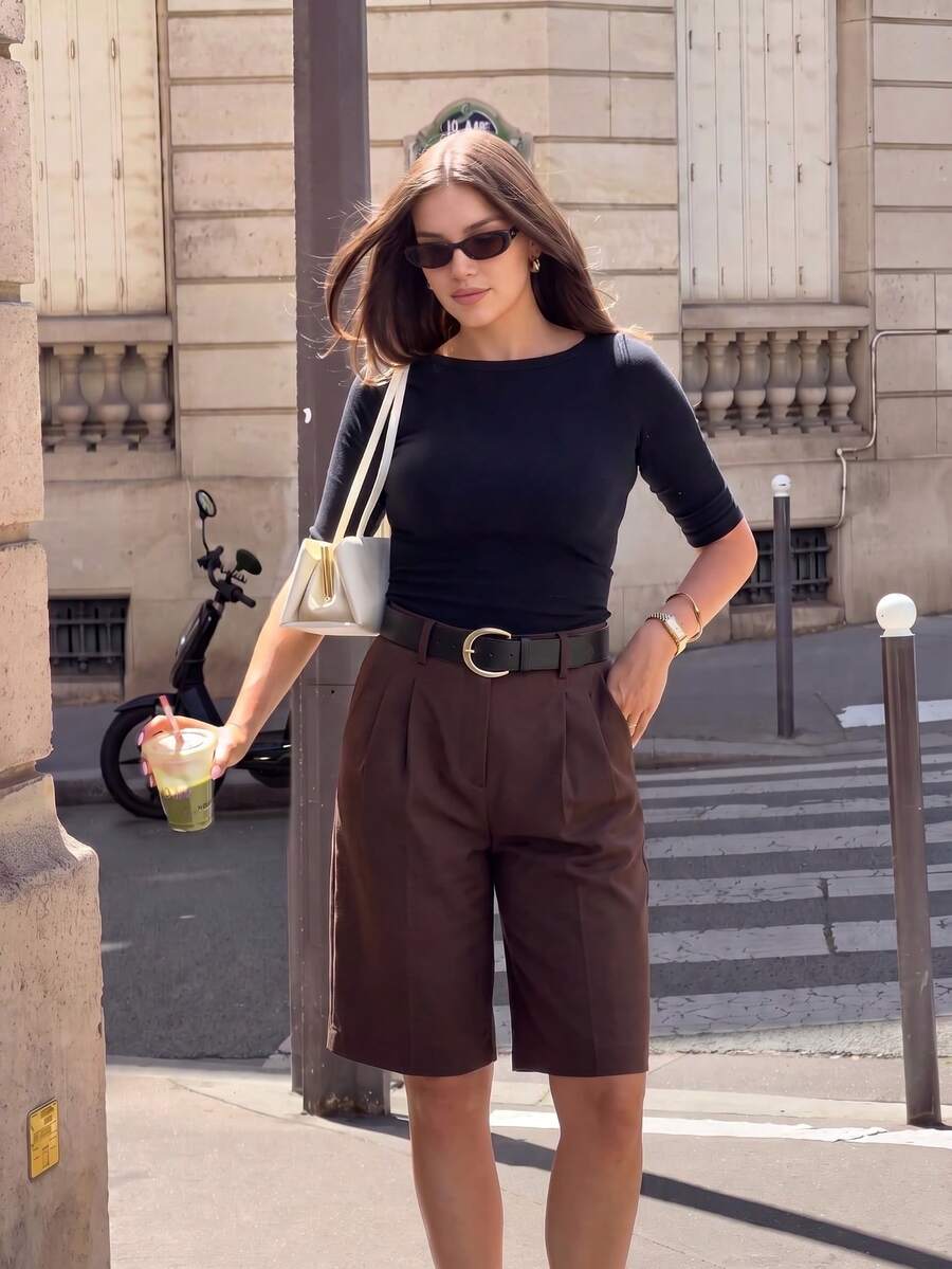 Women's Non-Stretch Woven Fabric Straight Leg Bermuda Shorts With Button Design Summer - Burgundy - View 1