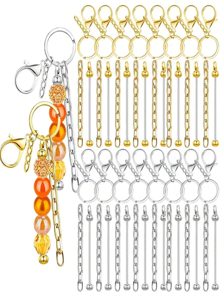 24PCS Flat Lobster Clasp 4-Section Chain Key Ring Set With Chain, Beaded Rod Accessories, DIY Keychain, Key Ring Accessories, Can Be Paired With Pendants, Suitable For Backpacks, Keychains, Music Festivals, Back To School, Graduation Gifts - Keychain Accessory Kit - View 1