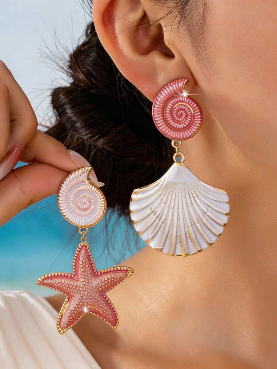 1對海洋風海星與貝殼時尚耳釘耳環,適合女性,適用於海灘、度假、派對、宴會與日常穿戴 - 彩色 - 查看 1