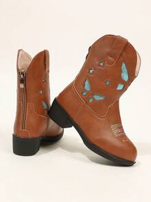 Kids Embroidered Western Ankle Boots Hollow Design Back Zipper Fashion Girls Boots - Khaki - View 3