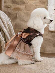 PETCIRCLE 1件寵物衣服 小狗幼犬貓咪可愛風 節日氛圍戶外可可金棕色洋裝 - 彩色 - 查看 2