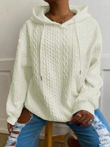 Plus Size Women Loose Casual Solid Color Jacquard Long Sleeve Hooded Sweatshirt Spring - Beige - View 1