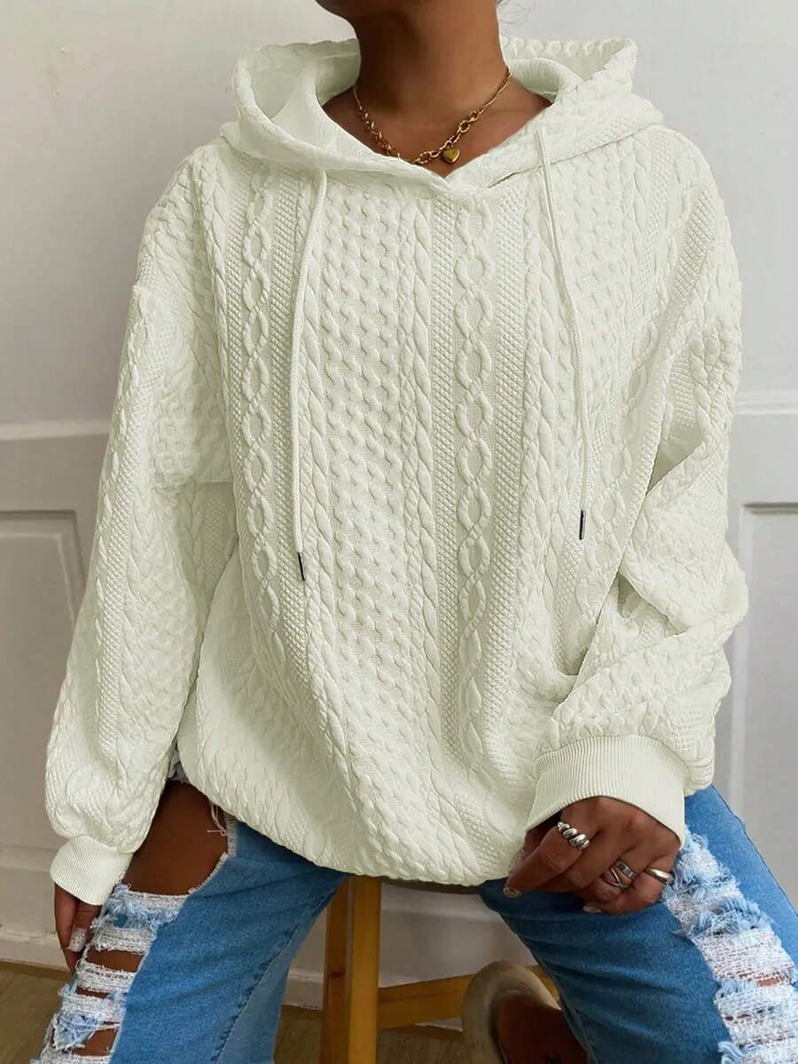 Plus Size Women Loose Casual Solid Color Jacquard Long Sleeve Hooded Sweatshirt Spring - Beige - View 1
