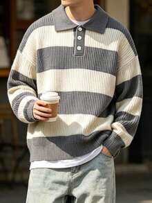 Men's Striped Polo Neck Knit Sweater Fashion Color Block Semi-Open Casual Pullover - Grey - View 1