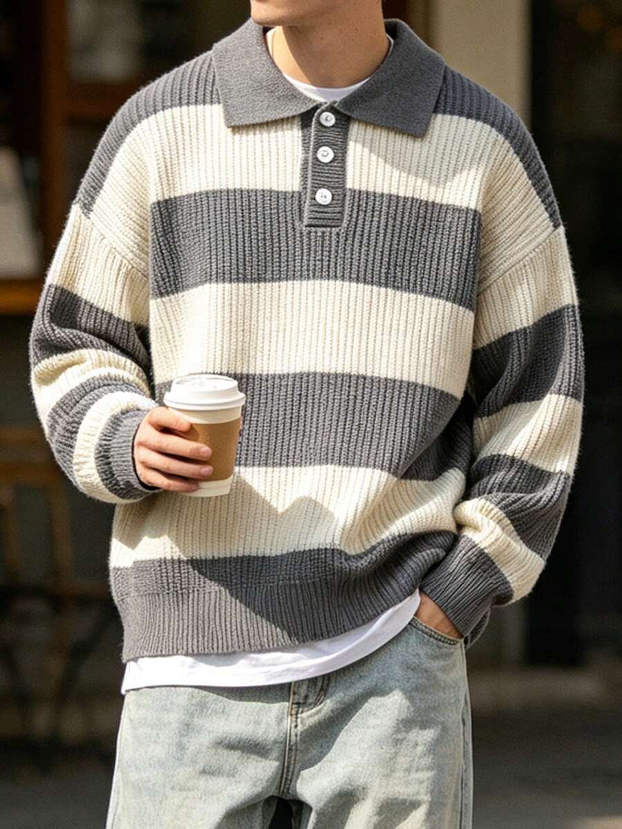Men's Striped Polo Neck Knit Sweater Fashion Color Block Semi-Open Casual Pullover - Grey - View 1