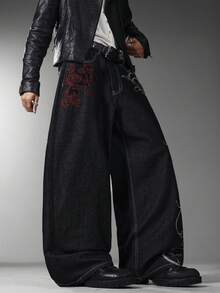 Men's HK Style Wide Leg Jeans, Retro Embroidery On Back, Casual Long Pants All Seasons (No Belt & Accessories, Decorative Non‑Functional Back Pockets) - Black - View 8