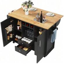 Carrito de servicio con 2 taburetes, carrito de cocina y encimera plegable con toallero, estante para especias, estante para vino y estantes ajustables, para comedor, sala de estar, balcón, mostrador, blanco - Negro - Ver 1