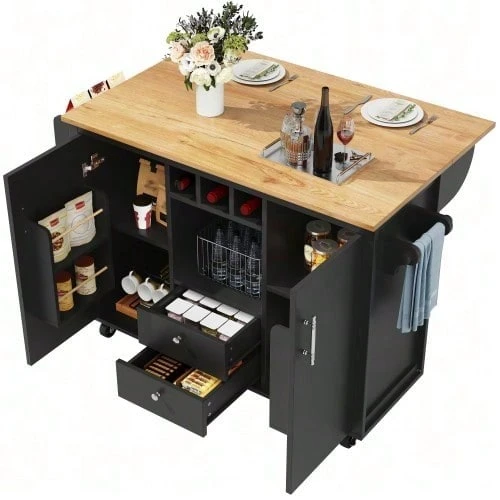 Carrito de servicio con 2 taburetes, carrito de cocina y encimera plegable con toallero, estante para especias, estante para vino y estantes ajustables, para comedor, sala de estar, balcón, mostrador, blanco - Negro - Ver 1