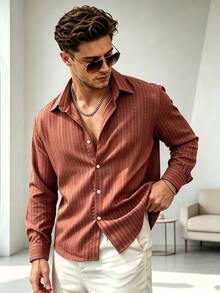 WAIT HIM Men's Striped Single-Breasted Casual Long Sleeve Shirt - Redwood - View 2
