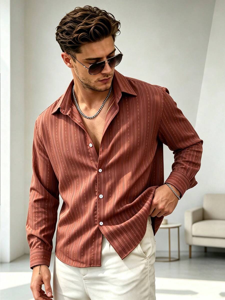 WAIT HIM Men's Striped Single-Breasted Casual Long Sleeve Shirt