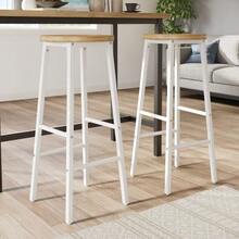Set Of 2 Bar Stools With Wood-Look Seats, 70 Cm, Load Capacity Up To 150 Kg, With Adjustable Feet & Two Footrests, White Metal Frame, Ideal For Kitchen Islands - White - View 3