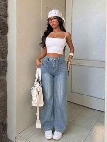 Pantalones de mezclilla rectos lavado, elásticos, efecto levantador de glúteos, control abdominal y caída amplia - Azul - Ver 2