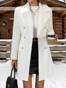 Solid Color Woven Fabric Fur Collar Lined Lightweight Jacket, No Fleece White Fall - White - View 2