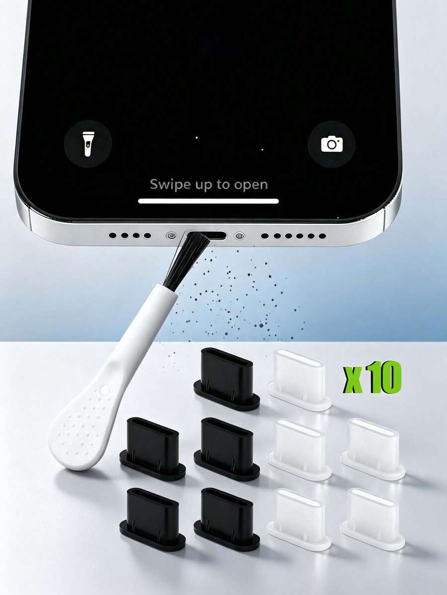 10Pcs Type-C Silicone Dust Plugs With Cleaning Brush, USB-C Charging Port Waterproof Anti-Lint Protector Caps, Portable Gap Cleaner For Phones, Speakers & Earphones, Daily Gaming Phone Accessories - Multicolor - View 1