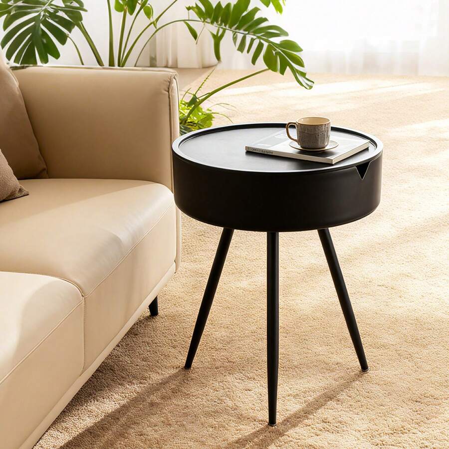 Modern Round Rattan Side Table – Coffee Table & Nightstand For Living Room, Outdoor Use, Small Cocktail Tea Desk - Black - View 1