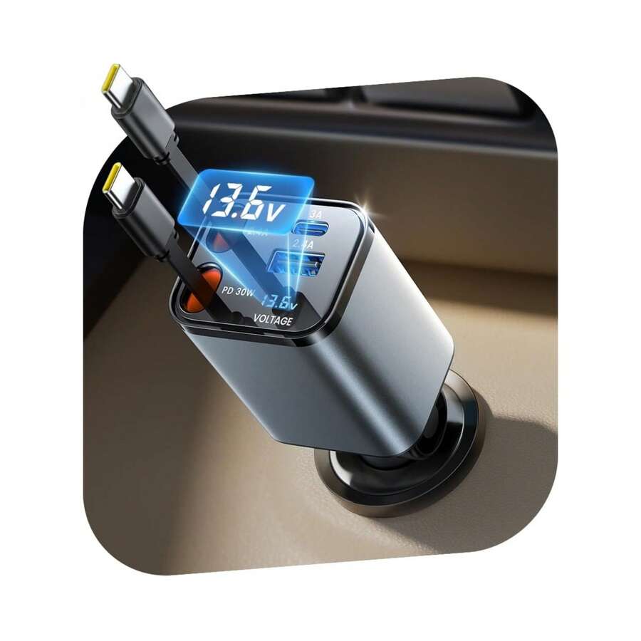 YITUMU 66W Retractable Car Charger With Digital Display, 5-In-1 Fast Charging Car Charger With Dual PD Ports, 2 Retractable Data Cables And USB Ports - Smart Gift For Drivers, Practical Christmas And New Year Car Accessory - View 1