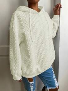 Plus Size Women Loose Casual Solid Color Jacquard Long Sleeve Hooded Sweatshirt Spring - Beige - View 4