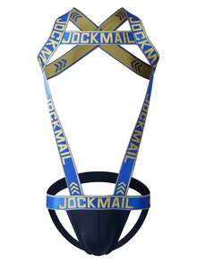 JOCKMAIL 2合1肩帶內褲 男士連體雙層丁字褲 性感誘惑運動款 - 藍色 - 查看 3